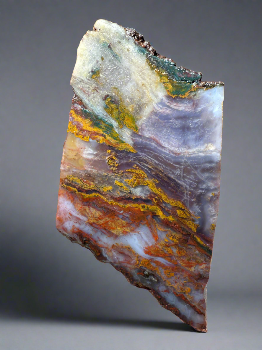 PREMIUM DISPLAY or LAPIDARY SLAB • Moroccan “Dream Landscape Jagate” (Purple, Teal, Red, Green, Red, Yellow & Orange Moss Plume Agate + Jasper) Stone • Double Sided • High Atlas Mountains • Unpolished