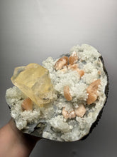 Load image into Gallery viewer, XXL Museum-Quality Golden Optical Calcite &amp; Red Heulandite Encrusted Pink Stilbite on Druzy Chalcedony | India | Mineral Display Showpiece Specimen

