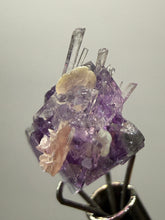 Load image into Gallery viewer, Rhodochrosite + Quartz on Purple Isometric Fluorite (Thumbnail Specimen) | Wutong Mine, China
