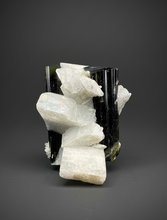 Load image into Gallery viewer, Blue and Green Cap Stak Nala Tourmaline w Double Terminated Quartz on Cleavelandite Matrix – Haramosh Mountains, Pakistan
