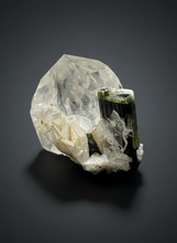 Load image into Gallery viewer, Dark Green Cap Stak Nala Tourmaline and Cleavelandite on Quartz – Haramosh Mountains, Pakistan | Thumbnail Specimen
