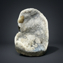 Load image into Gallery viewer, 3.7” Clear Apophyllite + Golden Calcite on Druzy Blue Chalcedony Stalactites— Deccan Traps, Maharashtra, India
