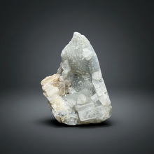 Load image into Gallery viewer, 3.6” Clear Apophyllite + Golden Calcite on Druzy Blue Chalcedony — Deccan Traps, Maharashtra, India
