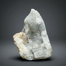 Load image into Gallery viewer, 3.6” Clear Apophyllite + Golden Calcite on Druzy Blue Chalcedony — Deccan Traps, Maharashtra, India
