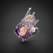 Load image into Gallery viewer, Rhodochrosite + Quartz on Purple Isometric Fluorite (Thumbnail Specimen) | Wutong Mine, China
