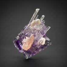 Load image into Gallery viewer, Rhodochrosite + Quartz on Purple Isometric Fluorite (Thumbnail Specimen) | Wutong Mine, China
