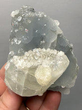 Load image into Gallery viewer, Clear Apophyllite + Golden Calcite on Druzy Blue Chalcedony — Deccan Traps, Maharashtra, India
