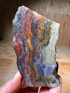 PREMIUM SELF STANDING DISPLAY or LAPIDARY SLAB • Moroccan “Dream Landscape Jagate” (Purple, Teal, Red, Green, Red, Yellow & Orange Moss Plume Agate + Jasper) Stone End Cap • High Atlas Mountains • Unpolished