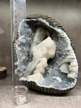 Load image into Gallery viewer, Quartz Druzy Encrusted Calcite +  Golden Calcite + Druzy Blue Chalcedony Stalactite • India
