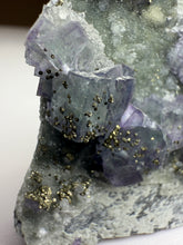 Load image into Gallery viewer, Bi-Color Purple &amp; Green Fluorite + Druzy Golden Pyrite on Druzy Silver Chalcedony • China
