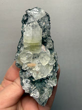 Load image into Gallery viewer, High-Grade Green Apophyllite with Pink Stilbite on Black Chalcedony – Deccan Traps, India
