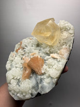 Load image into Gallery viewer, XXL Museum-Quality Golden Optical Calcite &amp; Red Heulandite Encrusted Pink Stilbite on Druzy Chalcedony | India | Mineral Display Showpiece Specimen
