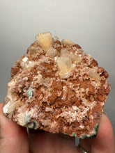 Load image into Gallery viewer, Shiny Peach Stilbite on Druzy Red Heulandite – High-Grade Collector Mineral Specimen from India
