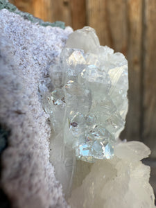 Light Mint Green (Disco Ball) Radial Apophyllite + White Stilbite on Green Heulandite Zeolite • Maharashtra, India