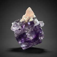 Load image into Gallery viewer, Rhodochrosite + Quartz on Purple Isometric Fluorite (Thumbnail Specimen) | Wutong Mine, China
