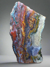 Load image into Gallery viewer, PREMIUM SELF STANDING DISPLAY or LAPIDARY SLAB • Moroccan “Dream Landscape Jagate” (Purple, Teal, Red, Green, Red, Yellow &amp; Orange Moss Plume Agate + Jasper) Stone End Cap • High Atlas Mountains • Unpolished
