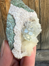 Load image into Gallery viewer, Light Mint Green (Disco Ball) Radial Apophyllite + White Stilbite on Green Heulandite Zeolite • Maharashtra, India

