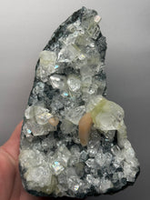 Load image into Gallery viewer, High-Grade Green Apophyllite with Pink Stilbite on Black Chalcedony – Deccan Traps, India
