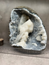 Load image into Gallery viewer, Quartz Druzy Encrusted Calcite +  Golden Calcite + Druzy Blue Chalcedony Stalactite • India
