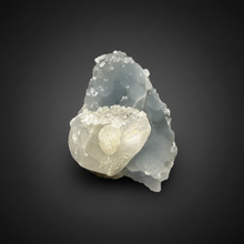 Load image into Gallery viewer, Clear Apophyllite + Golden Calcite on Druzy Blue Chalcedony — Deccan Traps, Maharashtra, India
