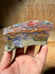 PREMIUM SELF STANDING DISPLAY or LAPIDARY SLAB • Moroccan “Dream Landscape Jagate” (Purple, Teal, Red, Green, Red, Yellow & Orange Moss Plume Agate + Jasper) Stone End Cap • High Atlas Mountains • Unpolished