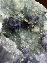 Load image into Gallery viewer, Bi-Color Purple &amp; Green Fluorite + Druzy Golden Pyrite on Druzy Silver Chalcedony • China
