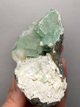 Load image into Gallery viewer, High-Grade Gemmy Green Apophyllite on White Stilbite  | Deccan Traps, Maharashtra, India
