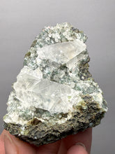 Load image into Gallery viewer, Double Terminated Scalenohedral Optical Calcite on Druzy Apophyllite &amp; Green Heulandite | Maharashtra, India
