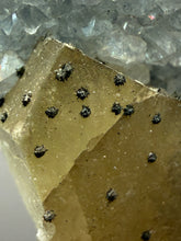 Load image into Gallery viewer, 3.7” Clear Apophyllite + Golden Calcite on Druzy Blue Chalcedony Stalactites— Deccan Traps, Maharashtra, India

