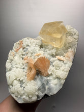 Load image into Gallery viewer, XXL Museum-Quality Golden Optical Calcite &amp; Red Heulandite Encrusted Pink Stilbite on Druzy Chalcedony | India | Mineral Display Showpiece Specimen
