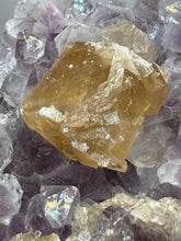 Load image into Gallery viewer, Golden Cubic Calcite on Amethyst Cluster | Maharashtra, India (Collector Specimen)
