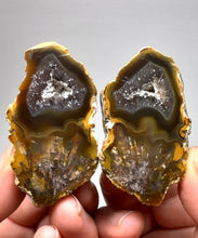Load image into Gallery viewer, High-Grade Indonesian Sumatra Agate Pair – Vibrant Banded Chalcedony with Rich Color Zoning, Pseudomorphs, Sticks, Inclusions, Druzy Quartz Pocket | Ethical Lapidary &amp; Collector Display Specimens
