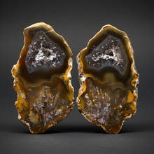 Load image into Gallery viewer, High-Grade Indonesian Sumatra Agate Pair – Vibrant Banded Chalcedony with Rich Color Zoning, Pseudomorphs, Sticks, Inclusions, Druzy Quartz Pocket | Ethical Lapidary &amp; Collector Display Specimens
