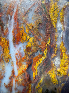 PREMIUM SELF STANDING DISPLAY or LAPIDARY SLAB • Moroccan “Dream Landscape Jagate” (Purple, Teal, Red, Green, Red, Yellow & Orange Moss Plume Agate + Jasper) Stone End Cap • High Atlas Mountains • Unpolished