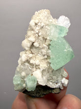 Load image into Gallery viewer, High-Grade Gemmy Green Apophyllite on White Stilbite  | Deccan Traps, Maharashtra, India
