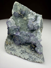 Load image into Gallery viewer, Bi-Color Purple &amp; Green Fluorite + Druzy Golden Pyrite on Druzy Silver Chalcedony • China

