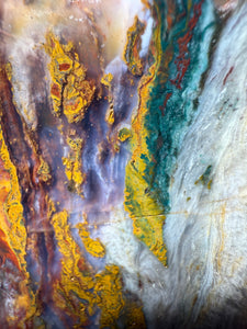 PREMIUM DISPLAY or LAPIDARY SLAB • Moroccan “Dream Landscape Jagate” (Purple, Teal, Red, Green, Red, Yellow & Orange Moss Plume Agate + Jasper) Stone • Double Sided • High Atlas Mountains • Unpolished