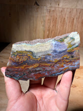Load image into Gallery viewer, PREMIUM SELF STANDING DISPLAY or LAPIDARY SLAB • Moroccan “Dream Landscape Jagate” (Purple, Teal, Red, Green, Red, Yellow &amp; Orange Moss Plume Agate + Jasper) Stone End Cap • High Atlas Mountains • Unpolished
