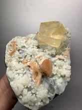 Load image into Gallery viewer, XXL Museum-Quality Golden Optical Calcite &amp; Red Heulandite Encrusted Pink Stilbite on Druzy Chalcedony | India | Mineral Display Showpiece Specimen
