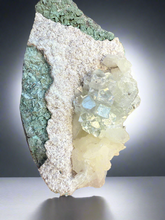 Load image into Gallery viewer, Light Mint Green (Disco Ball) Radial Apophyllite + White Stilbite on Green Heulandite Zeolite • Maharashtra, India
