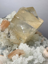 Load image into Gallery viewer, XXL Museum-Quality Golden Optical Calcite &amp; Red Heulandite Encrusted Pink Stilbite on Druzy Chalcedony | India | Mineral Display Showpiece Specimen
