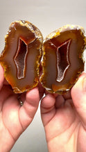 Load and play video in Gallery viewer, Indonesian Sumatra Agate Pair – Vibrant Banded Chalcedony with Rich Color Zoning &amp; Red Druzy Botryoidal Quartz| Ethical Lapidary &amp; Collector Display Specimens
