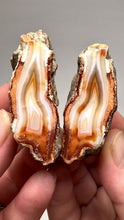 Load and play video in Gallery viewer, High-Grade Indonesian Sumatra Agate Pair – Vibrant Banded Chalcedony with Rich Color Zoning | Ethical Lapidary &amp; Collector Display Specimens
