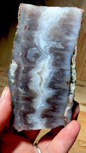 Load and play video in Gallery viewer, PREMIUM DISPLAY or LAPIDARY SLAB • Moroccan “Ghost Agate” White Seam Plum Agate • Double Sided • High Atlas Mountains • Unpolished
