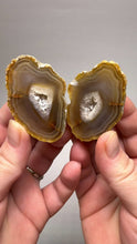 Load and play video in Gallery viewer, Indonesian Sumatra Agate Pair – Vibrant Banded Chalcedony with Rich Color Zoning and Quartz| Ethical Lapidary &amp; Collector Display Specimens
