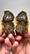 Load and play video in Gallery viewer, High-Grade Indonesian Sumatra Agate Pair – Vibrant Banded Chalcedony with Rich Color Zoning, Pseudomorphs, Sticks, Inclusions, Druzy Quartz Pocket | Ethical Lapidary &amp; Collector Display Specimens
