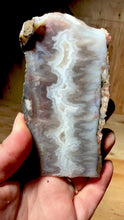 Load and play video in Gallery viewer, PREMIUM DISPLAY or LAPIDARY SLAB • Moroccan “Ghost Agate” White Seam Plum Agate • End Cap • High Atlas Mountains • Unpolished
