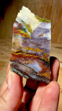 Load and play video in Gallery viewer, PREMIUM DISPLAY or LAPIDARY SLAB • Moroccan “Dream Landscape Jagate” (Purple, Teal, Red, Green, Red, Yellow &amp; Orange Moss Plume Agate + Jasper) Stone • Double Sided • High Atlas Mountains • Unpolished
