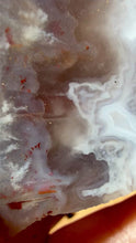 Load and play video in Gallery viewer, PREMIUM DISPLAY or LAPIDARY SLAB • Moroccan “Ghost Agate” White Seam Plum Agate • Double Sided • High Atlas Mountains • Unpolished
