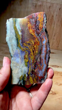 Load and play video in Gallery viewer, PREMIUM DISPLAY or LAPIDARY SLAB • Moroccan “Dream Landscape Jagate” (Purple, Teal, Red, Green, Red, Yellow &amp; Orange Moss Plume Agate + Jasper) Stone • Double Sided • High Atlas Mountains • Unpolished
